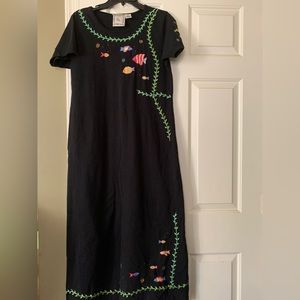 Michael Simon Embroidered Fish Black Maxi Dress